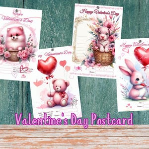 4 süße Valentinstag Karten Druckbare digitale Download Liebe Postkarten Romantische Postkarten mit niedlichen Tieren und Blumen Geschenkkarte Valentinstag