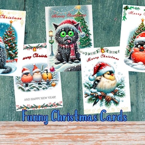 5 Cartões de Natal Engraçados, Gatos e Pássaros Bonitos Usando Chapéus de Papai Noel, Cartões PNG para Imprimir de Natal, Conjunto de Cartões Postais de Ano Novo