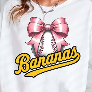 Bananen Baseball Kokette Schleife PNG, niedliche rosa Schleife Softball Sublimation, lustige Mädchen Baseball digitaler Download, DTF druckbares Design