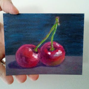 Cherry Still Life Painting | Oil Pastel Artwork | Fruit Wall Art | Kitchen Decor | Original Handmade Illustration | Home gift unframed
