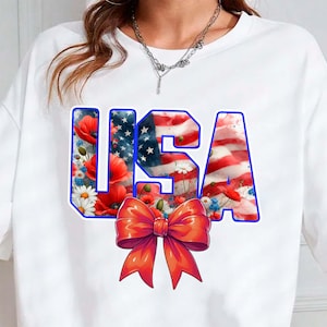 Letras florales de EE. UU. PNG / Clipart del 4 de julio / Sublimación de lazo patriótico / Diseño de flores silvestres de la bandera estadounidense / Fondo transparente