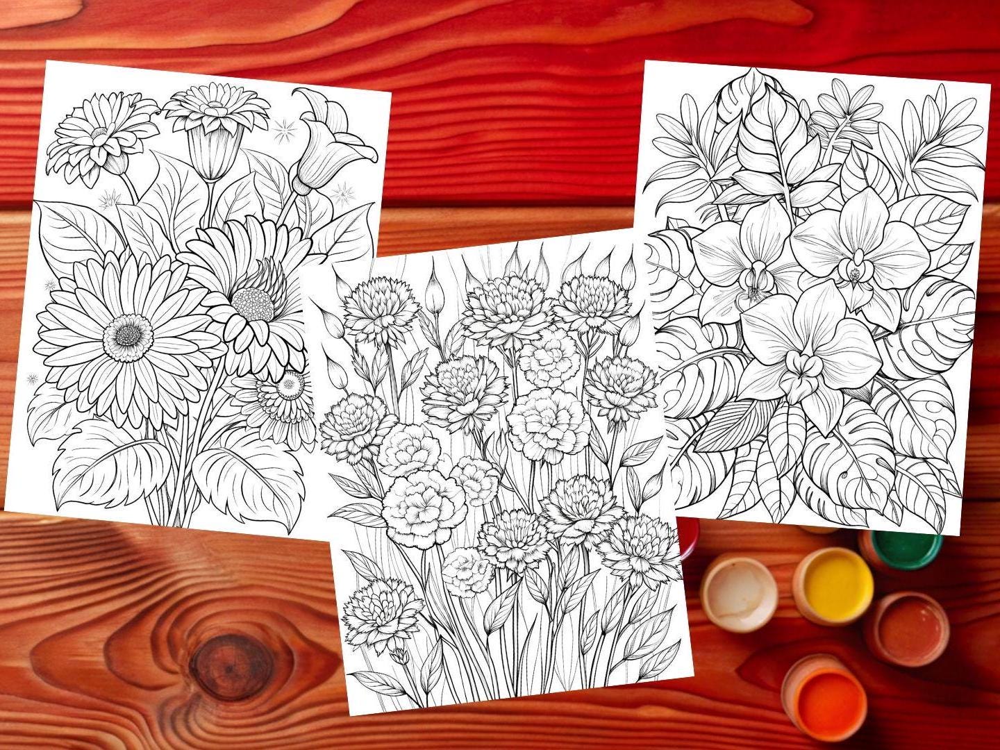 Botanical Flowers Coloring Pages for Relaxing Flowers Coloring Book for ...