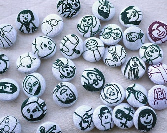 19mm, 3/4" inch buttons, childrens drawings, people and faces, fun and charming, one button