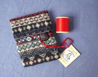 Felted wool needle case, black Fair Isle, reclaimed fabric sewing accessory,