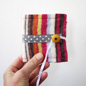 Multi coloured, striped felted wool needle book, handy upcycled sewing accessory image 4