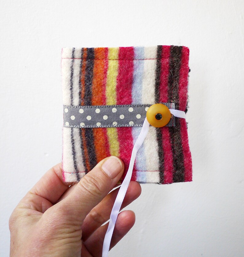Multi coloured, striped felted wool needle book, handy upcycled sewing accessory image 4