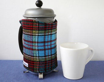 Blue and red tartan Scottish wool coffee pot cosy, repurposed fabric, medium cafetiere cover