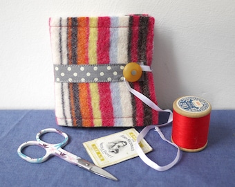 Multi coloured, striped felted wool needle book, handy upcycled sewing accessory