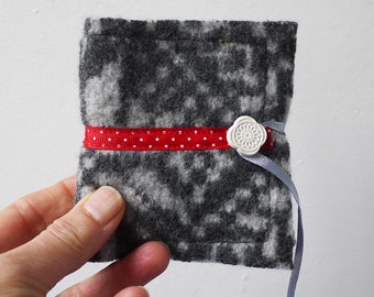 Grey patterned felted wool needle book, handy upcycled sewing accessory