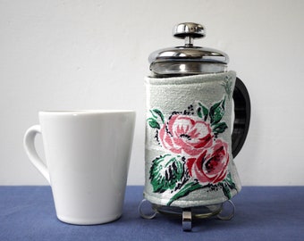 SMALL coffee pot cosy, pink roses on green, reclaimed vintage fabric cafetiere sleeve