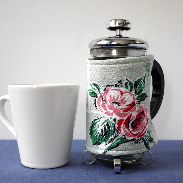 SMALL coffee pot cosy, pink roses on green, reclaimed vintage fabric cafetiere sleeve