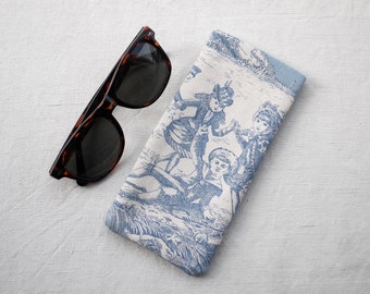 Blue Toile de Jouy glasses case, children playing on the beach, sunglasses pouch