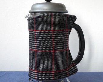 Black with a splash of red check wool cafetiere cosy, medium sized French press wrap, Prince of Wales