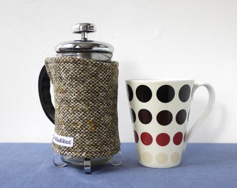 SMALL cafetiere cosy, rustic Harris Tweed wool French press wrap