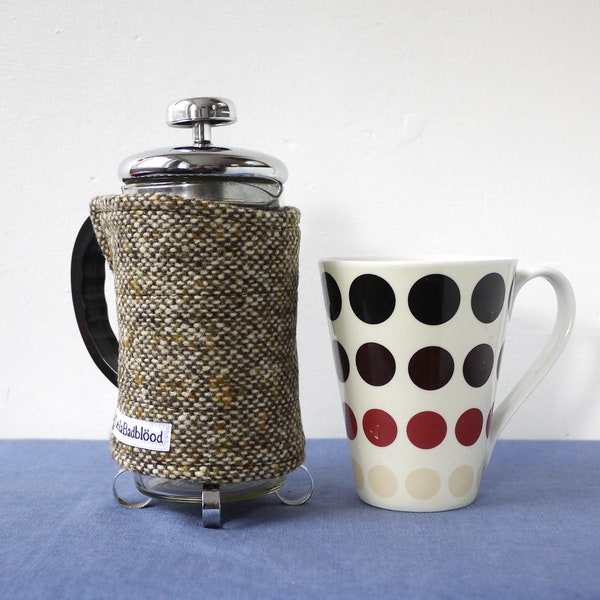 SMALL cafetiere cosy, rustic Harris Tweed wool French press wrap