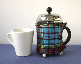 Blue and red tartan Scottish wool MIDI size cafetiere cosy, 17oz, fabric French press wrap, 4 cup