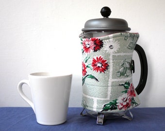 Flowers on green vintage fabric MEDIUM sized cafetiere cosy, French press wrap, retro fun