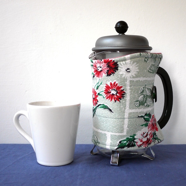 Flowers on green vintage fabric MEDIUM sized cafetiere cosy, French press wrap, retro fun