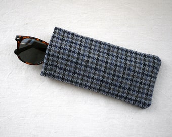 Étui à lunettes en laine à carreaux en tweed à carreaux, gris et bleus, pochette à lunettes en tissu