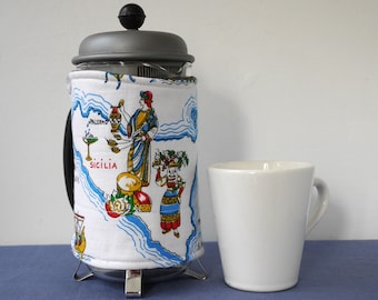 French press cosy, medium cafetiere cover, Italian cheese, Sicily, reclaimed fabric coffee pot wrap