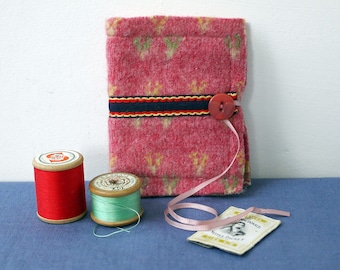 Pink, yellow and green patterned felted wool needle case, reclaimed fabric needle organiser