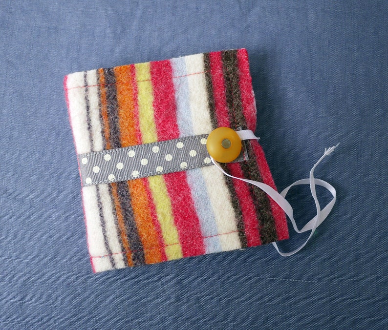 Multi coloured, striped felted wool needle book, handy upcycled sewing accessory image 2