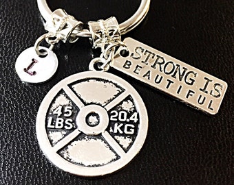 Fitness Keychain. Crossfit Keychain. Strong is Beautiful Keychain Lifting Dumbbell Weightliftng Stainless steel key ring Gift For Her