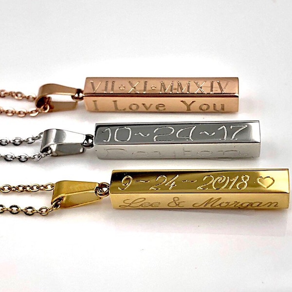 Engraved 4-Sided Bar Necklace, Personalized Stainless Steel