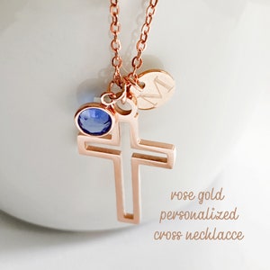 Cross necklace, Rose gold cross necklace, Personalized cross necklace, Initial birthstone cross necklace, Religious jewelry, Gift for her