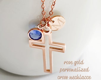 Cross necklace, Rose gold cross necklace, Personalized cross necklace, Initial birthstone cross necklace, Religious jewelry, Gift for her