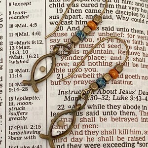 May include: A pair of handcrafted earrings featuring a fish symbol with a small bead inside. The earrings have a bronze finish and are accented with colorful beads in shades of blue, orange, and gold. The earrings are displayed against a backdrop of aged paper.