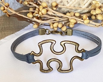 Autism Awareness Bracelet, Bronze Puzzle Piece, Adjustable Leather Cord