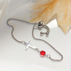 Dainty Cross Bracelet, Swarovski Birthstone, Religious Gift