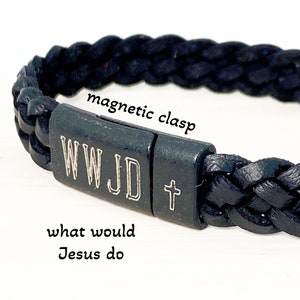 WWJD braided leather bracelet with magnetic clasp, Braided leather bracelet, Religious jewelry, Confirmation gift, Christian jewelry