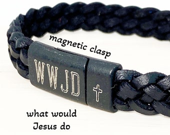 WWJD Braided Leather Bracelet, Christian Jewelry, Magnetic Clasp