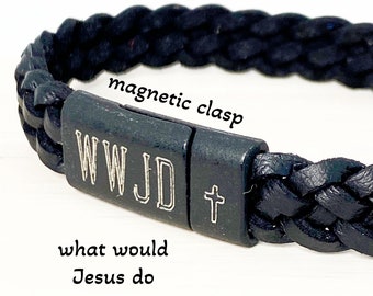 WWJD braided leather bracelet with magnetic clasp, Braided leather bracelet, Religious jewelry, Confirmation gift, Christian jewelry