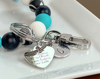 Sisters in Christ Beaded Wristlet Keychain, Stainless Steel Heart Charm