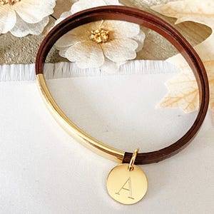 Personalized Leather Bangle Bracelet, Initial Charm