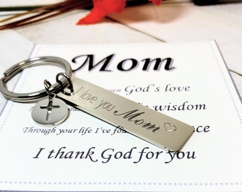 Religieuze moedersleutelhanger, gegraveerde kruisbedel, christelijk cadeau