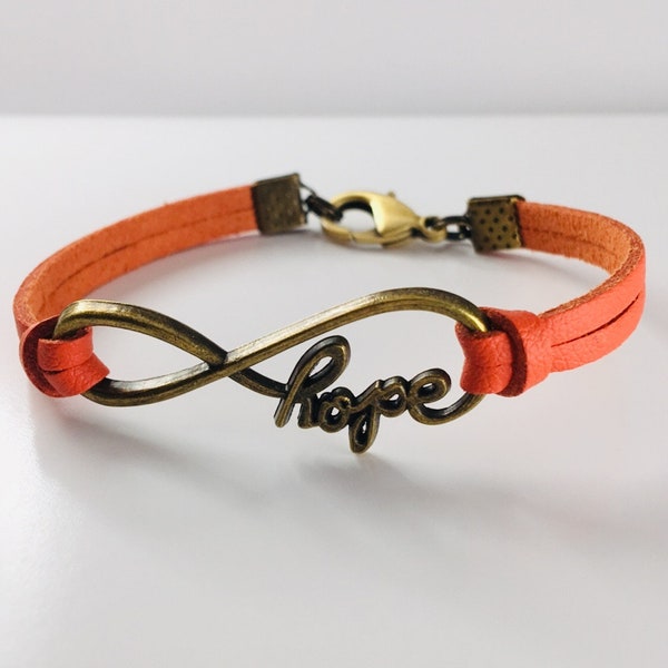 Infinity hope leather bracelet, Hope awareness jewelry for women, Leather infinity friendship bracelet.