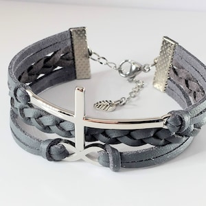 Pulsera de cruz, pulsera cristiana, pulsera de infinito, pulsera de cuero en capas, regalo de confirmación, joyería religiosa, regalo de bautismo