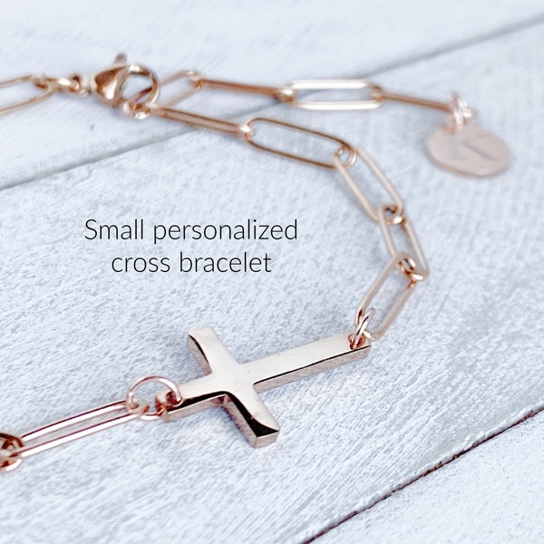 Cross bracelet, Personalized cross bracelet, Gold cross bracelet, Sideways cross bracelet, Confirmation gift, Religious jewelry, Mom gift