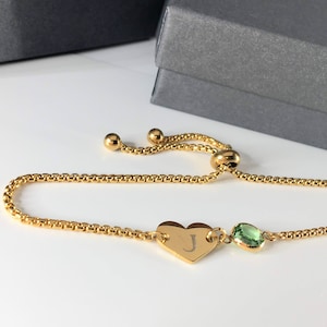 Initial Heart Birthstone Bracelet, Valentine&#39;s Day gift, Adjustable Initial Bracelet, Cute Summer jewelry, Dainty Personalized gift for her