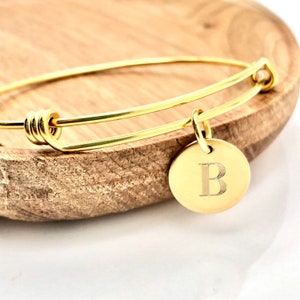 Initial Charm Bangle Bracelet. Bridesmaid Gift. Personalized Gift. Gift for Her. Christmas Gift. Gold Charm Bracelet. Bridal Party Gift. image 1