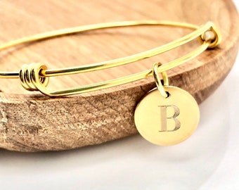 Initial Charm Bangle Bracelet. Bridesmaid Gift. Personalized Gift. Gift for Her. Christmas Gift. Gold Charm Bracelet. Bridal Party Gift.