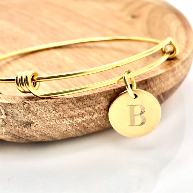 Initial Charm Bangle Bracelet. Bridesmaid Gift. Personalized Gift. Gift for Her. Christmas Gift. Gold Charm Bracelet. Bridal Party Gift. image 1