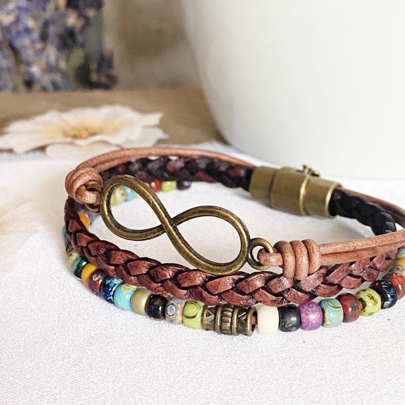 Braided Leather Infinity Bracelet, Picasso Beads, Boho Wrap image 5