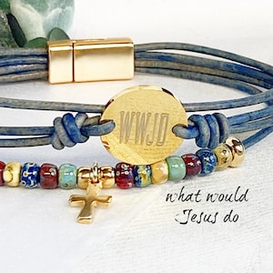 WWJD leather cross bracelet, Confirmation gift, Leather bracelet, gold cross bracelet, WWJD jewelry, Religious jewelry, Christian bracelet