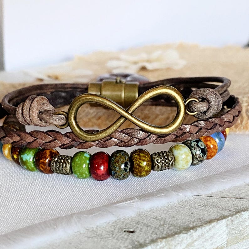 Braided Leather Infinity Bracelet, Picasso Beads, Boho Wrap image 2