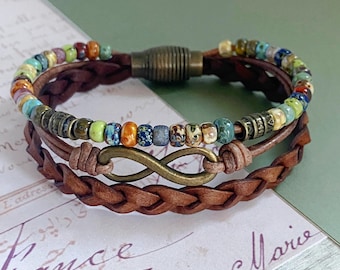 Pulsera infinita de cuero trenzado, cuentas Picasso, estilo bohemio